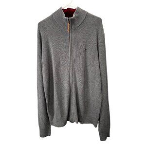 Tommy Hilfiger Cardigan Sweater XL Men Zip Up Gray Ribbed Mock Neck Box Logo